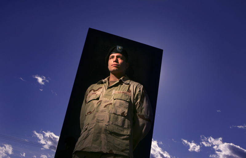Portrait of Michael Toone, 25, who will be deploying to Iraq, at Fort Carson, Colo., on Wednesday, March 2, 2005. Toone, who is adopted, recently met his birth mother Kathy Stewart for the first time. (Photo by Chris Schneider)